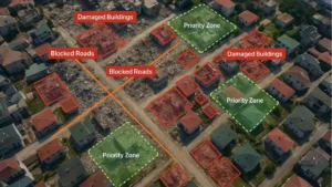 Aerial view of a disaster zone with AI overlays highlighting damaged buildings, blocked roads, and priority zones for emergency response.