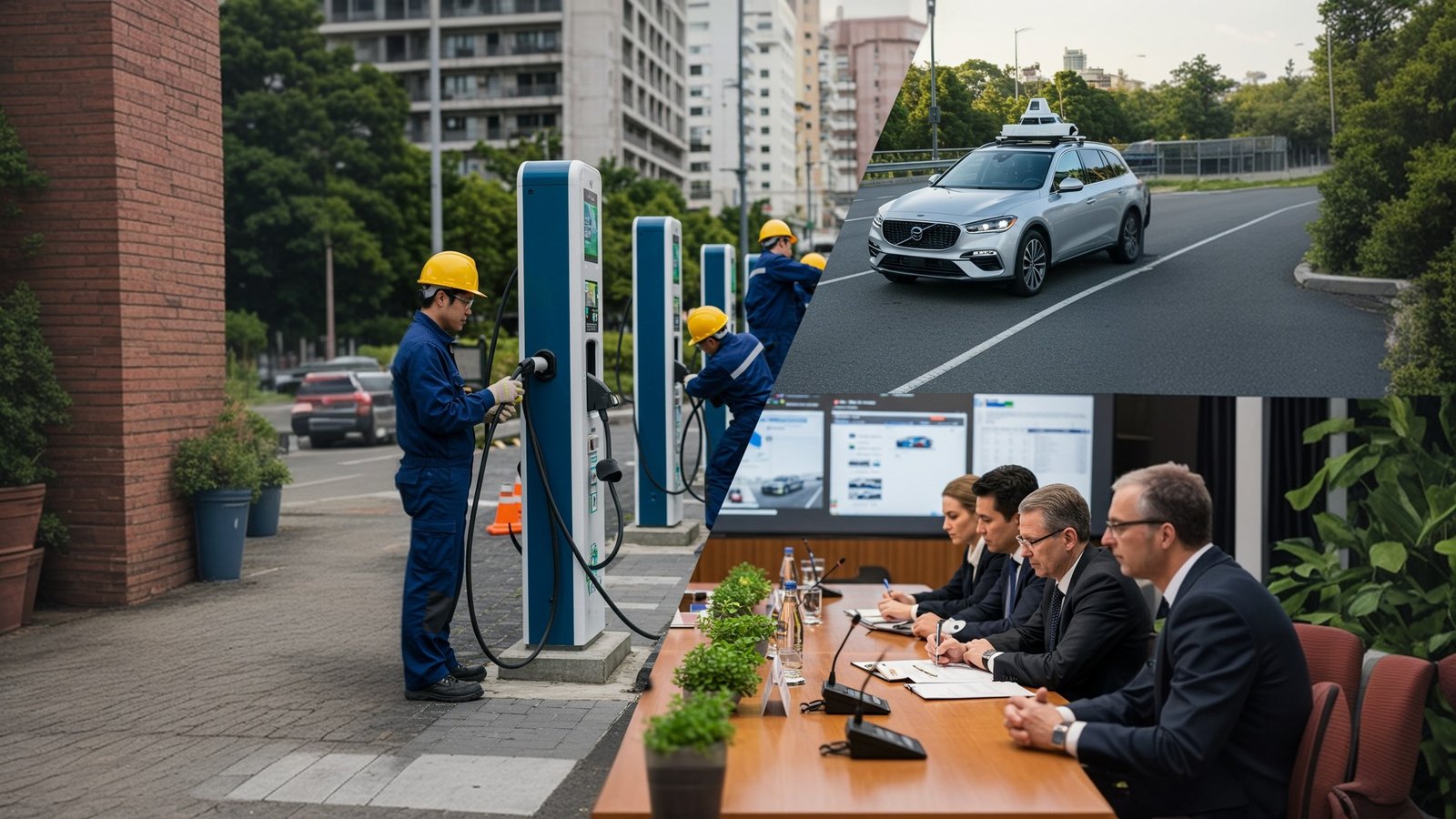 A split-screen image showing the challenges facing the adoption of electric and autonomous vehicles. The left side shows workers installing EV charging stations, while the right side shows a regulatory meeting.