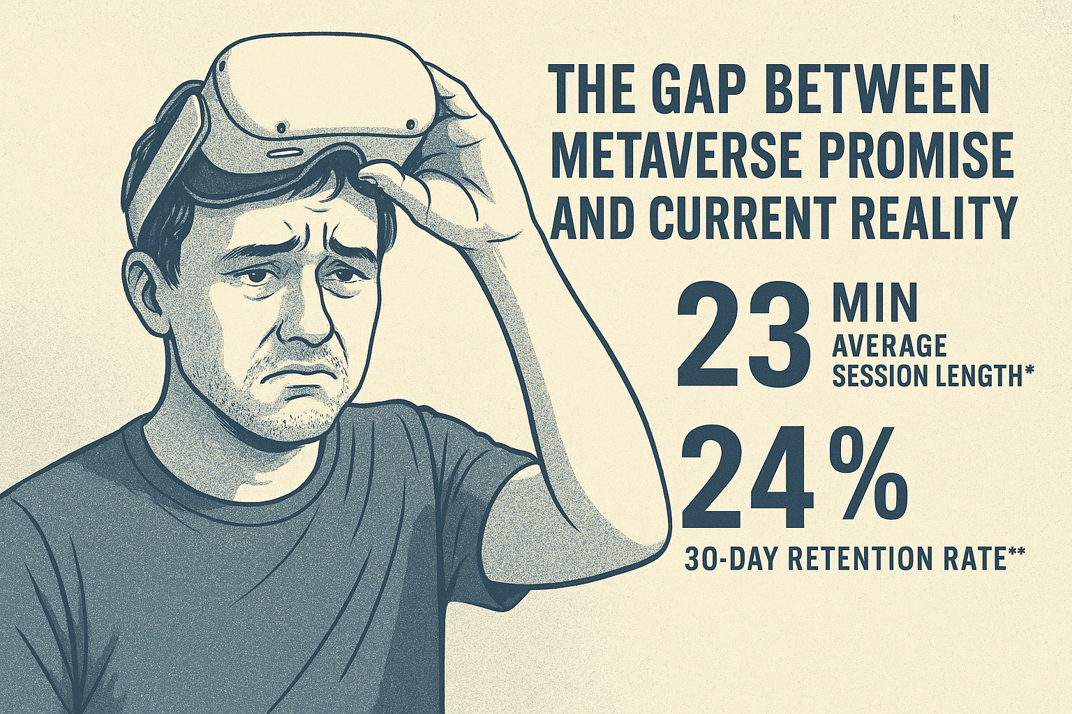 Illustration of a person removing a VR headset with a disappointed expression, next to text about metaverse engagement statistics.