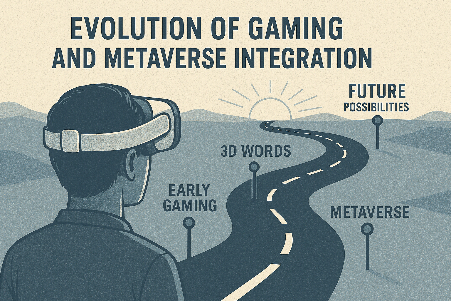 Illustration depicting the evolution of gaming and metaverse integration as a road extending from "Early Gaming" through "3D Worlds" and "Metaverse" towards "Future Possibilities."