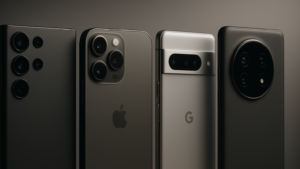 Close-up of the rear designs of Samsung, iPhone 16 Pro Max, Google Pixel 9 Pro, and OnePlus 13 smartphones.