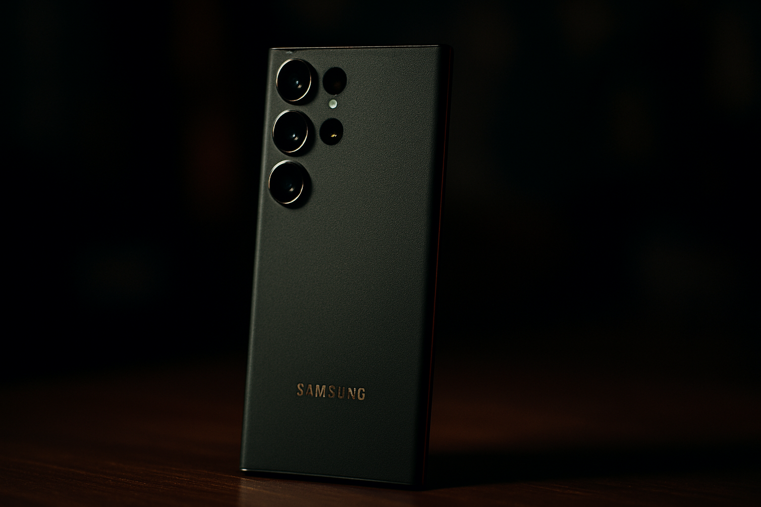 Rear view of a dark Samsung Galaxy S25 Ultra smartphone with its multi-lens camera system.