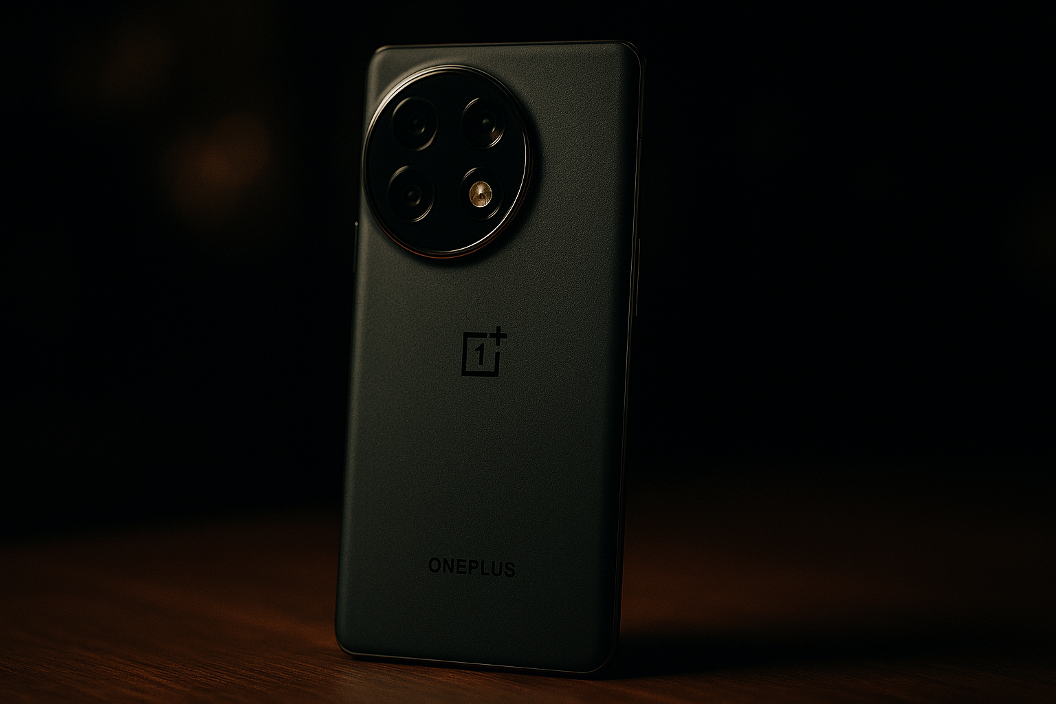 Rear view of a dark OnePlus 13 smartphone with a large, circular camera module.