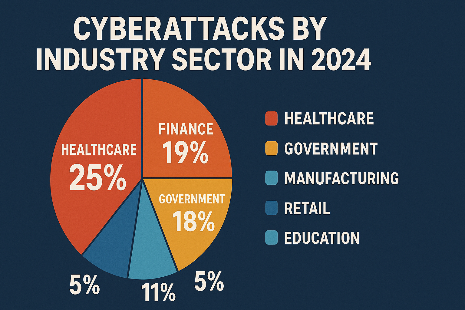 Infographic showing percentage breakdown of cyberattacks by industry sector in 2024, with a color-coded pie chart on a dark blue background