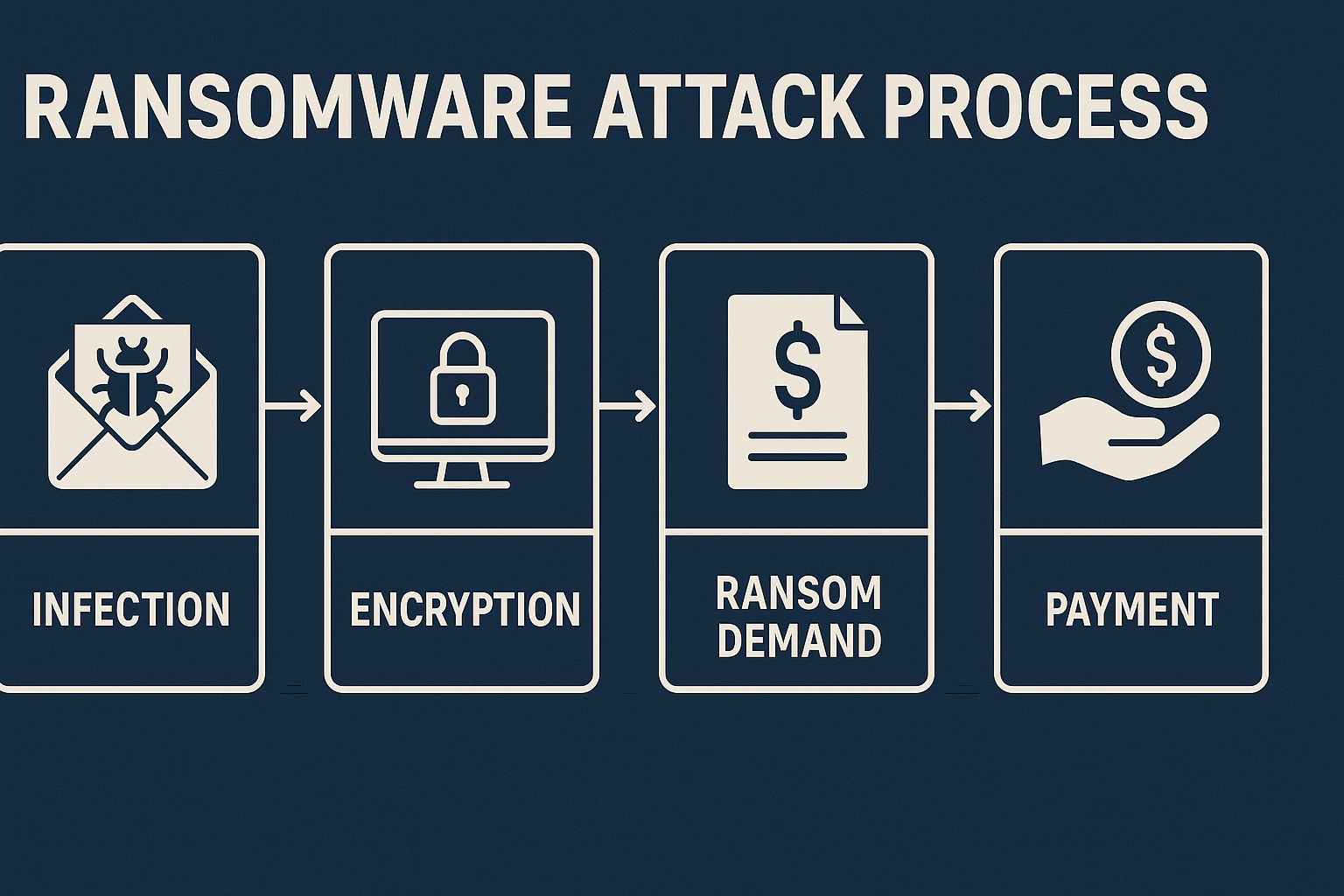 Flowchart infographic illustrating the steps of a ransomware attack, including infection, encryption, ransom demand, and payment on a dark blue background