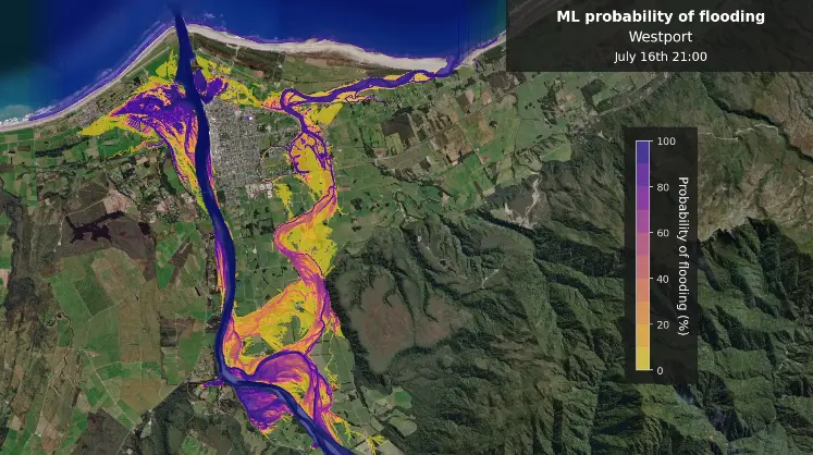 Satellite map of Westport showing machine learning-based flood probability zones with color gradient from yellow to purple