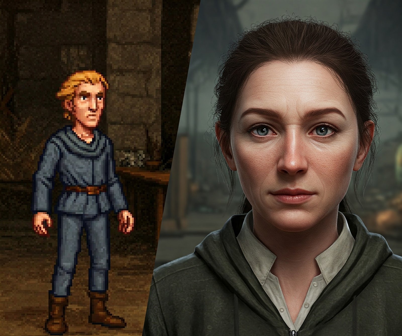 Split screen comparing a pixelated game character and a realistic AI-generated face.