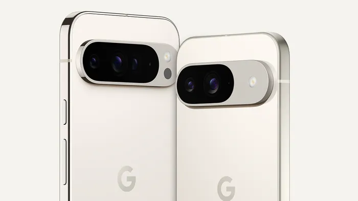 Two Google Pixel 9 Pro smartphones in a light color, showcasing the redesigned camera bar.