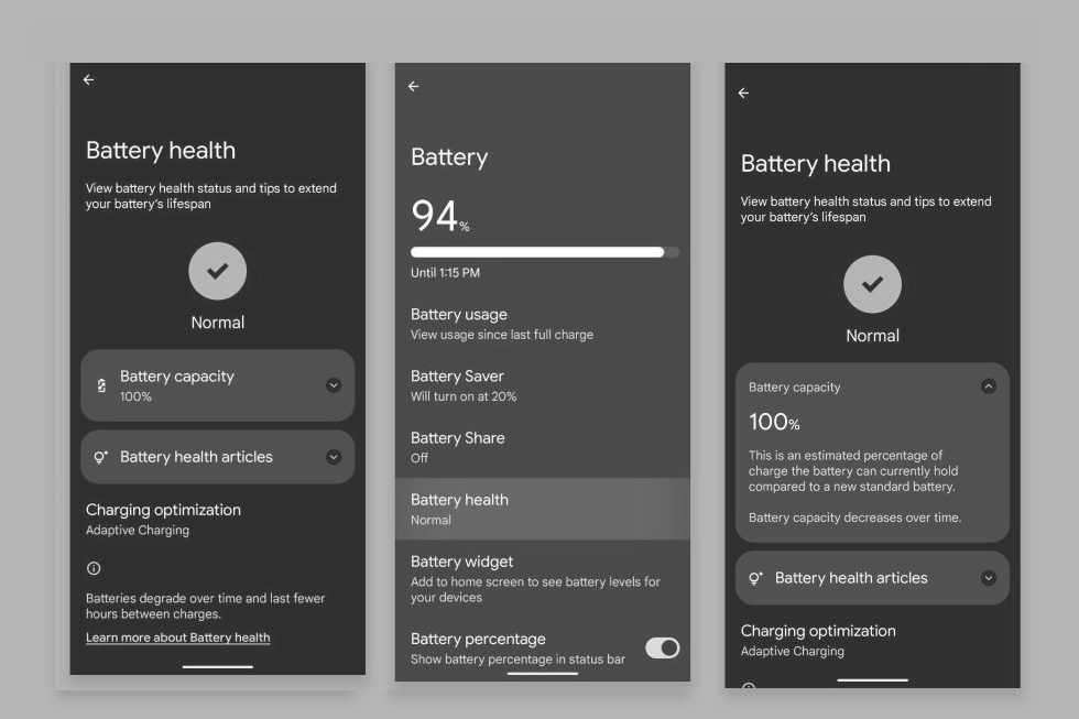 Three Android 16 phone screenshots showing the Battery Health and Battery settings interface.