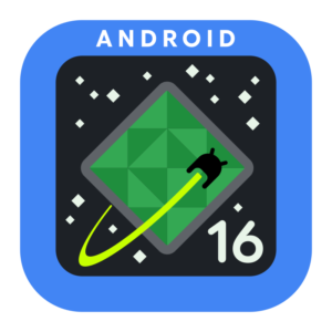Android 16 logo concept with a stylized green diamond, a black abstract figure, and a yellow swoosh on a dark background within a blue rounded square.