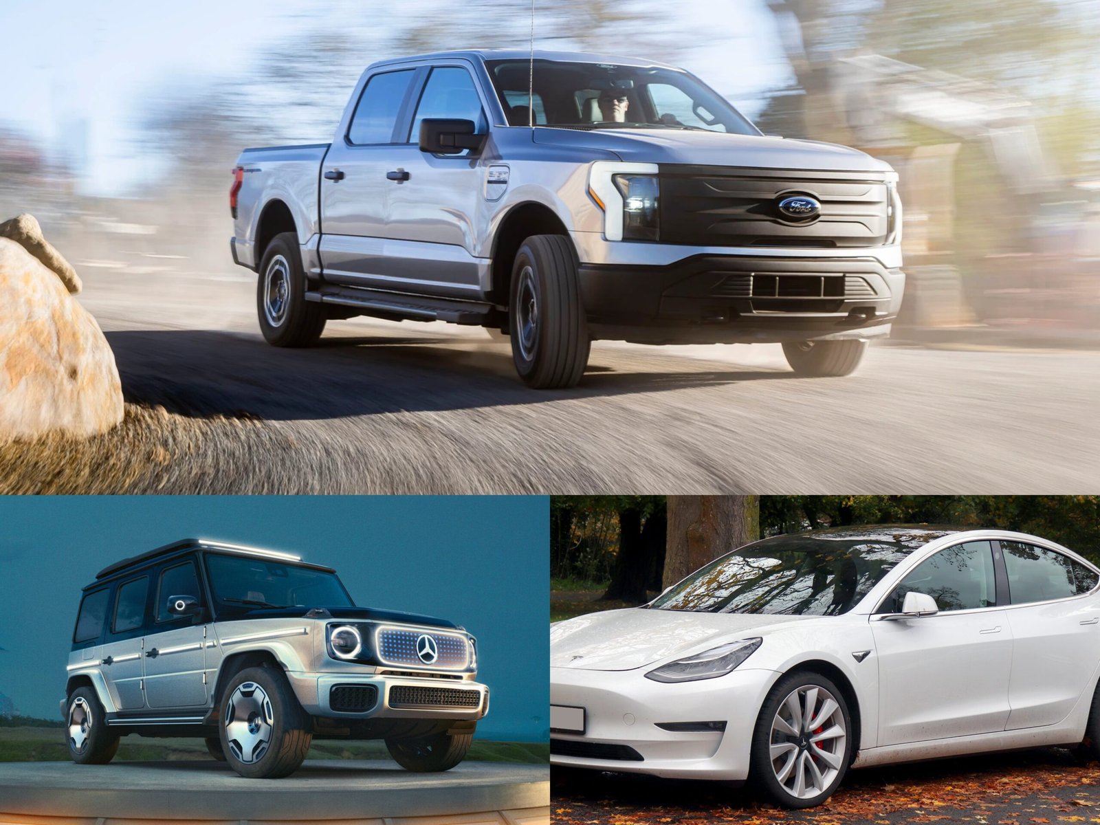 Electric vehicle collage: Tesla Model 3, Mercedes-Benz EQG, Ford F-150 Lightning Pro.