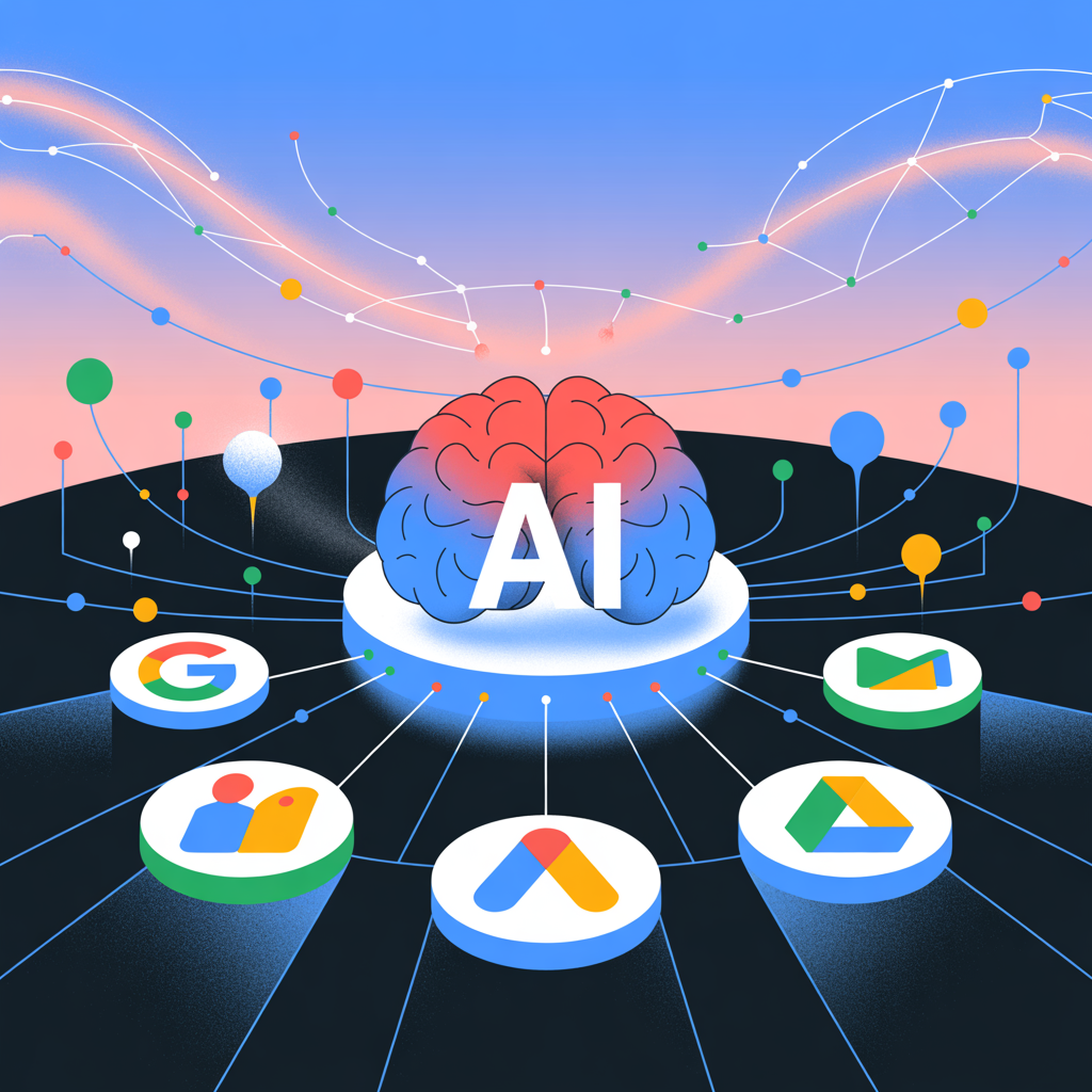 Stylized brain with "AI" text surrounded by Google product icons and connected by abstract neural network lines.