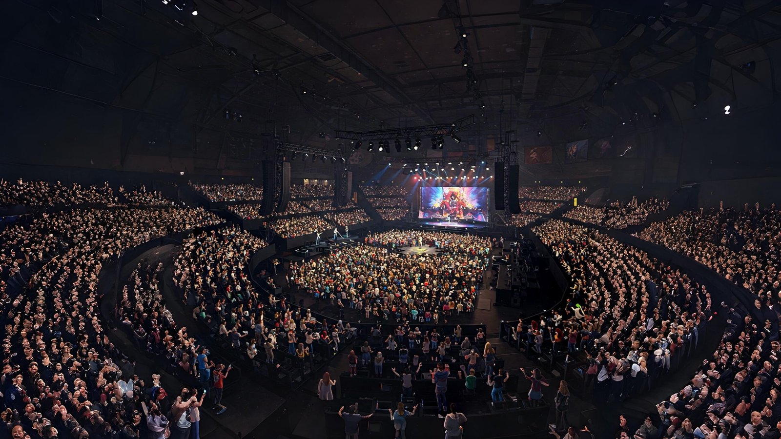 Panoramic view of a massive virtual concert in a gaming metaverse with thousands of avatars and dynamic visual effects.