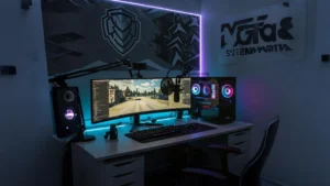 A complete gaming streamer setup featuring a wide curved monitor displaying a first-person shooter game, a gaming PC with RGB lighting, a microphone on a boom arm, keyboard, mouse, speakers, and ambient LED strip lighting.