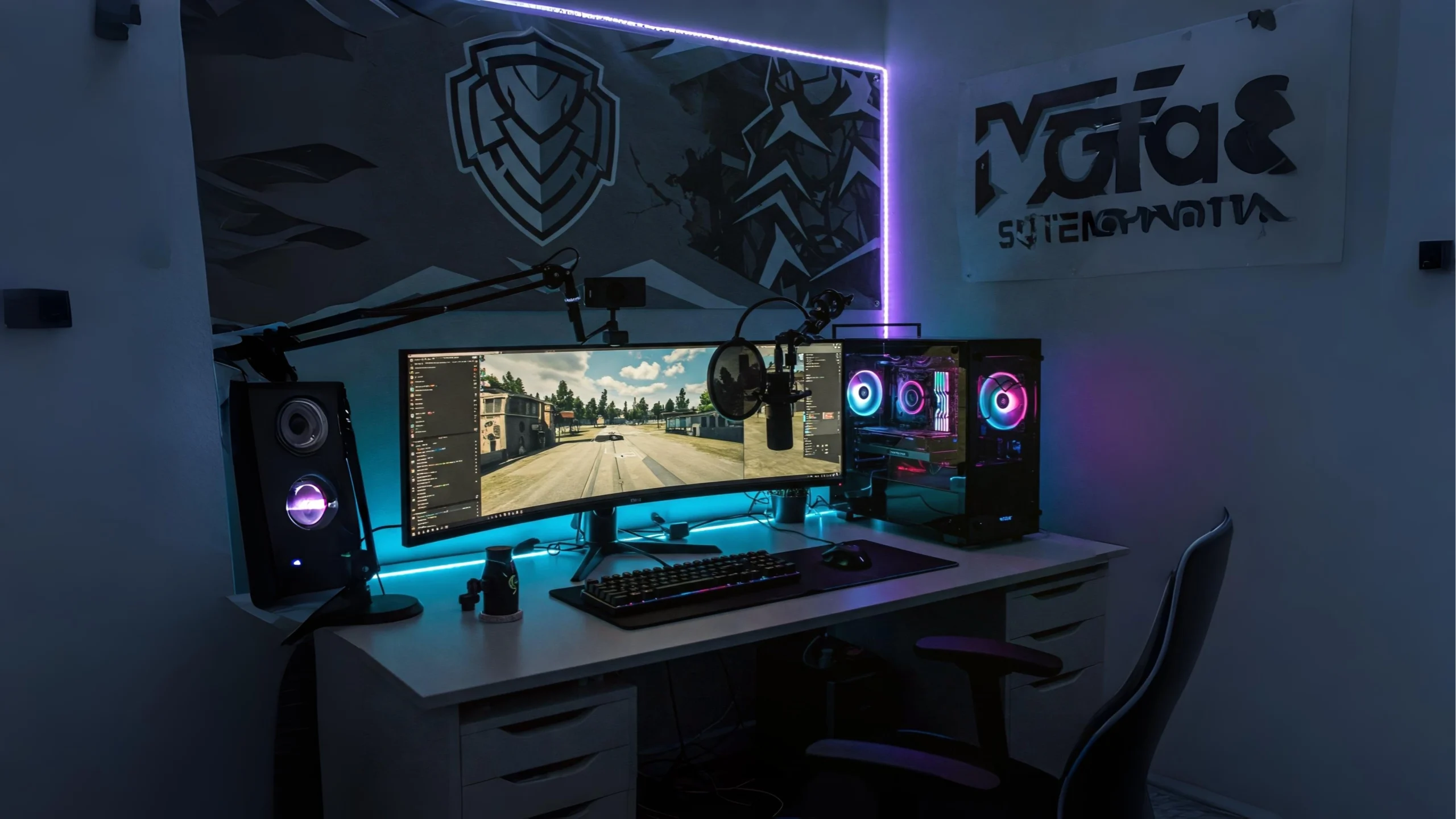A complete gaming streamer setup featuring a wide curved monitor displaying a first-person shooter game, a gaming PC with RGB lighting, a microphone on a boom arm, keyboard, mouse, speakers, and ambient LED strip lighting.