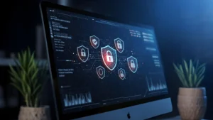 Computer screen displaying a data protection interface with glowing lock and shield icons.