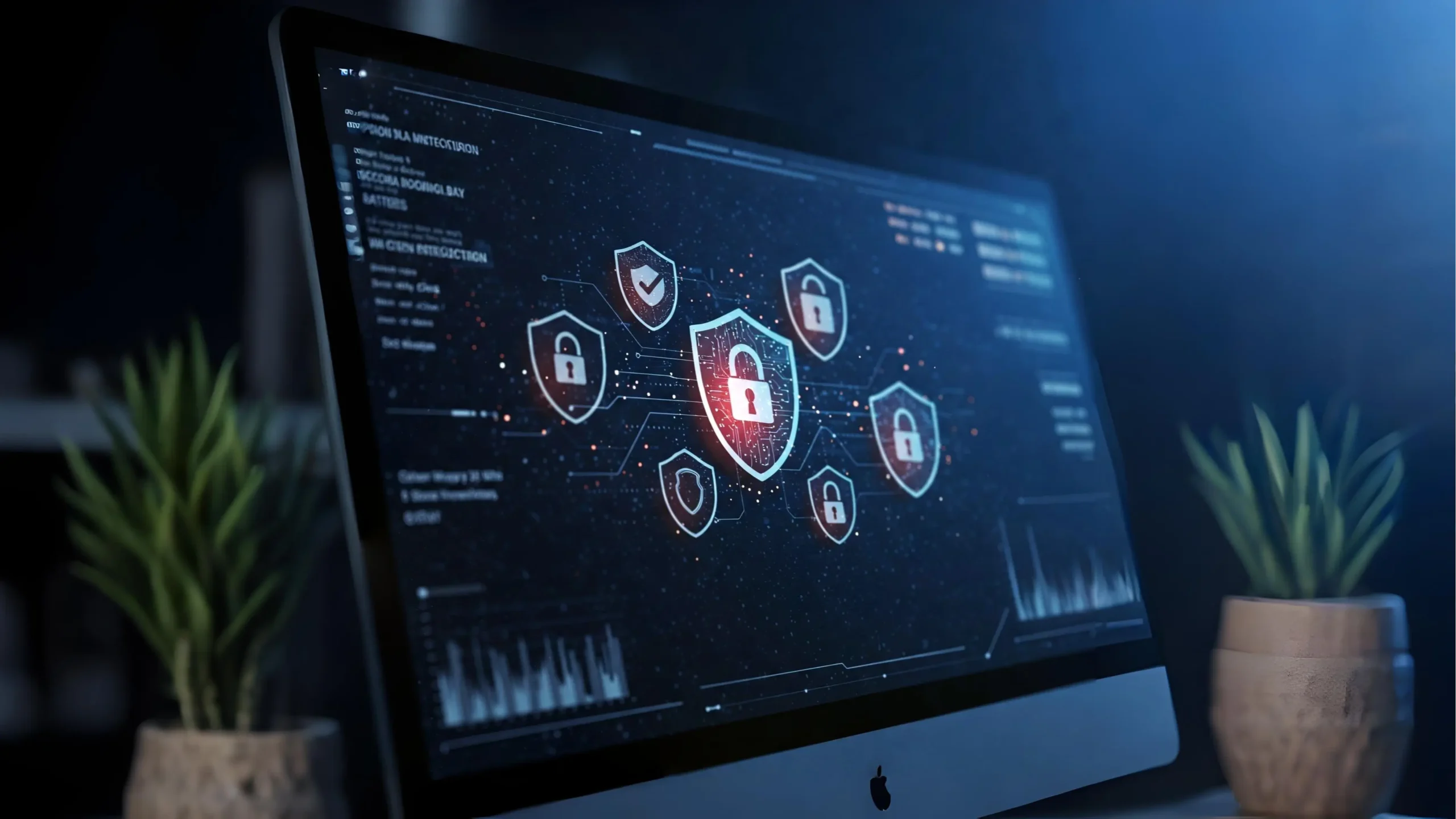 Computer screen displaying a data protection interface with glowing lock and shield icons.