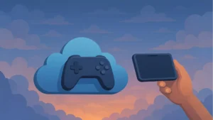 Illustration of a cloud and gaming controller with a hand holding a smartphone, symbolizing cloud gaming in 2025.