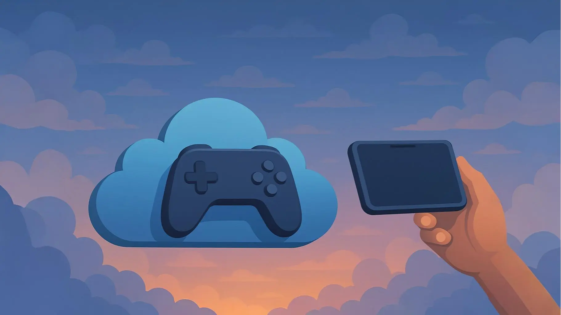 Illustration of a cloud and gaming controller with a hand holding a smartphone, symbolizing cloud gaming in 2025.