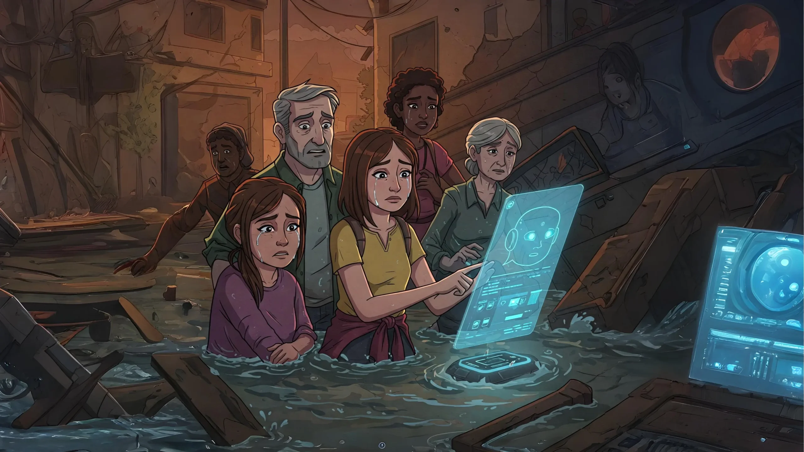 Flood survivors using holographic AI for disaster assistance.