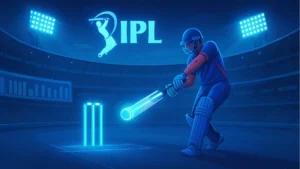 Futuristic cricket player in a glowing IPL stadium representing Revolutionary IPL Technologies 2025