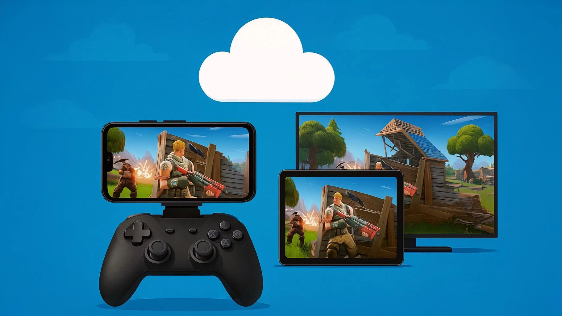 A vibrant digital illustration showcasing Fortnite Cloud Gaming on multiple devices including smartphone, tablet, and laptop, emphasizing accessibility and cross-platform play.