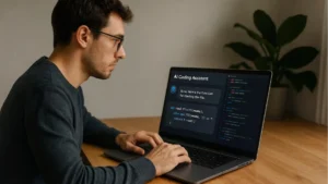 Programmer using an AI coding assistant for a smooth vibe coding experience on a laptop