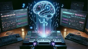 Futuristic AI brain composing music using digital audio workstation, robotic hands on a MIDI keyboard, symbolizing artificial intelligence in music production 2025