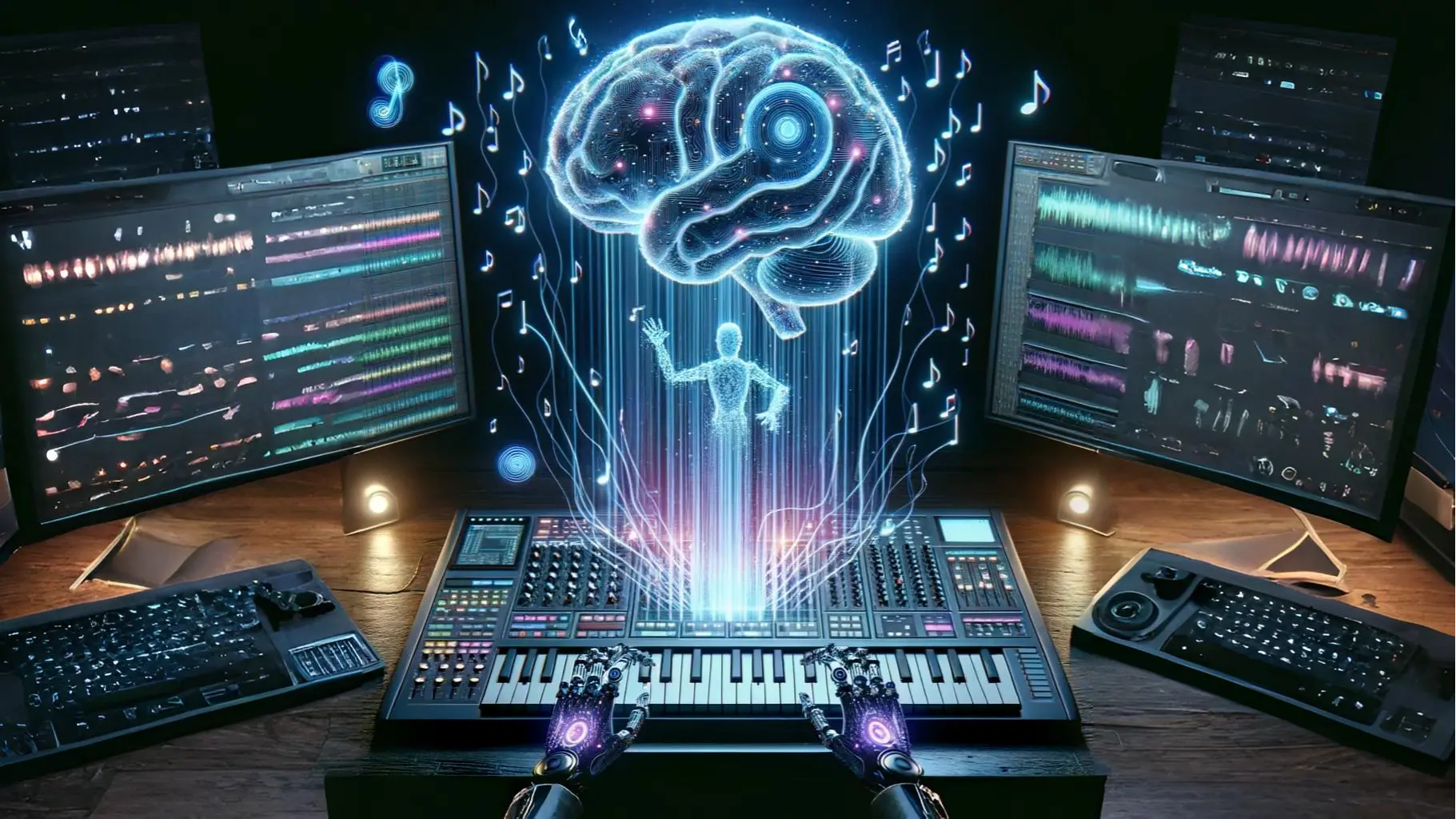 Futuristic AI brain composing music using digital audio workstation, robotic hands on a MIDI keyboard, symbolizing artificial intelligence in music production 2025