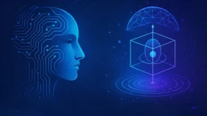 AI in quantum computing concept: digital brain with circuit board pattern facing a quantum processor within a protective dome.
