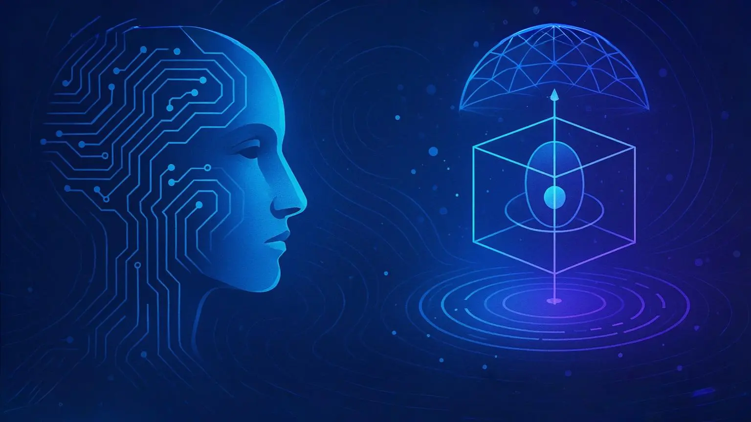 AI in quantum computing concept: digital brain with circuit board pattern facing a quantum processor within a protective dome.