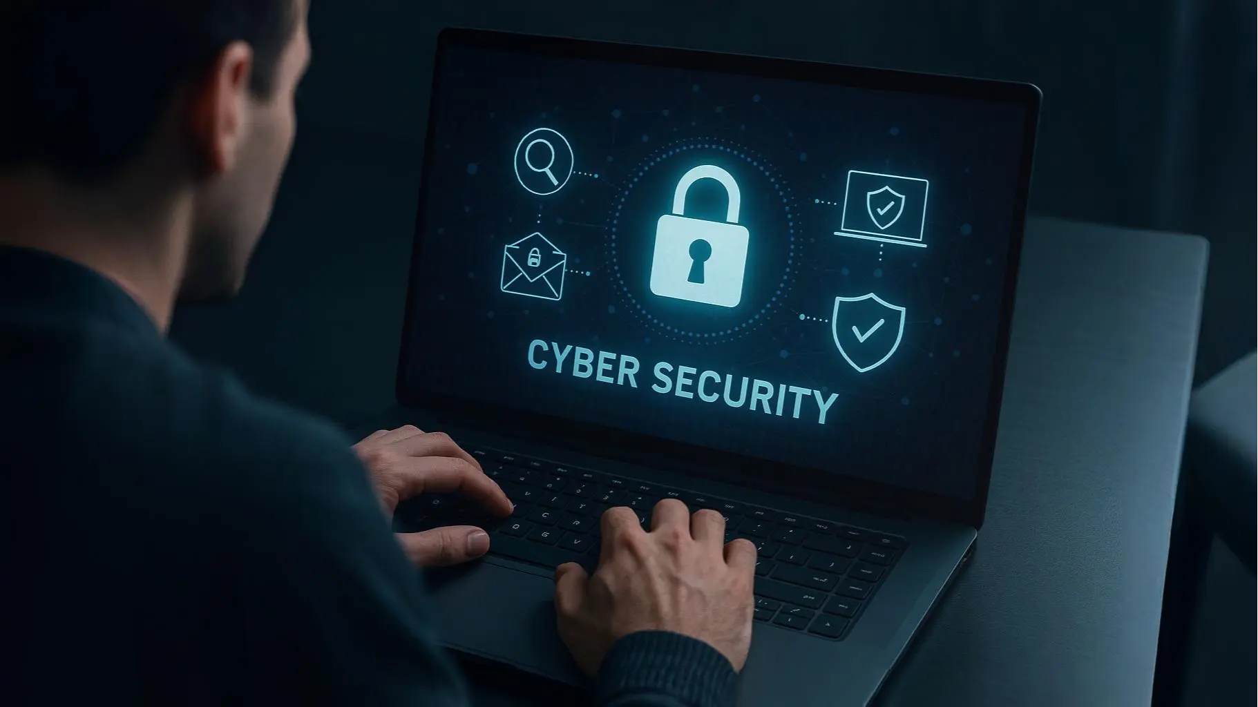 Person using a laptop displaying "CYBER SECURITY" with padlock and security icons.
