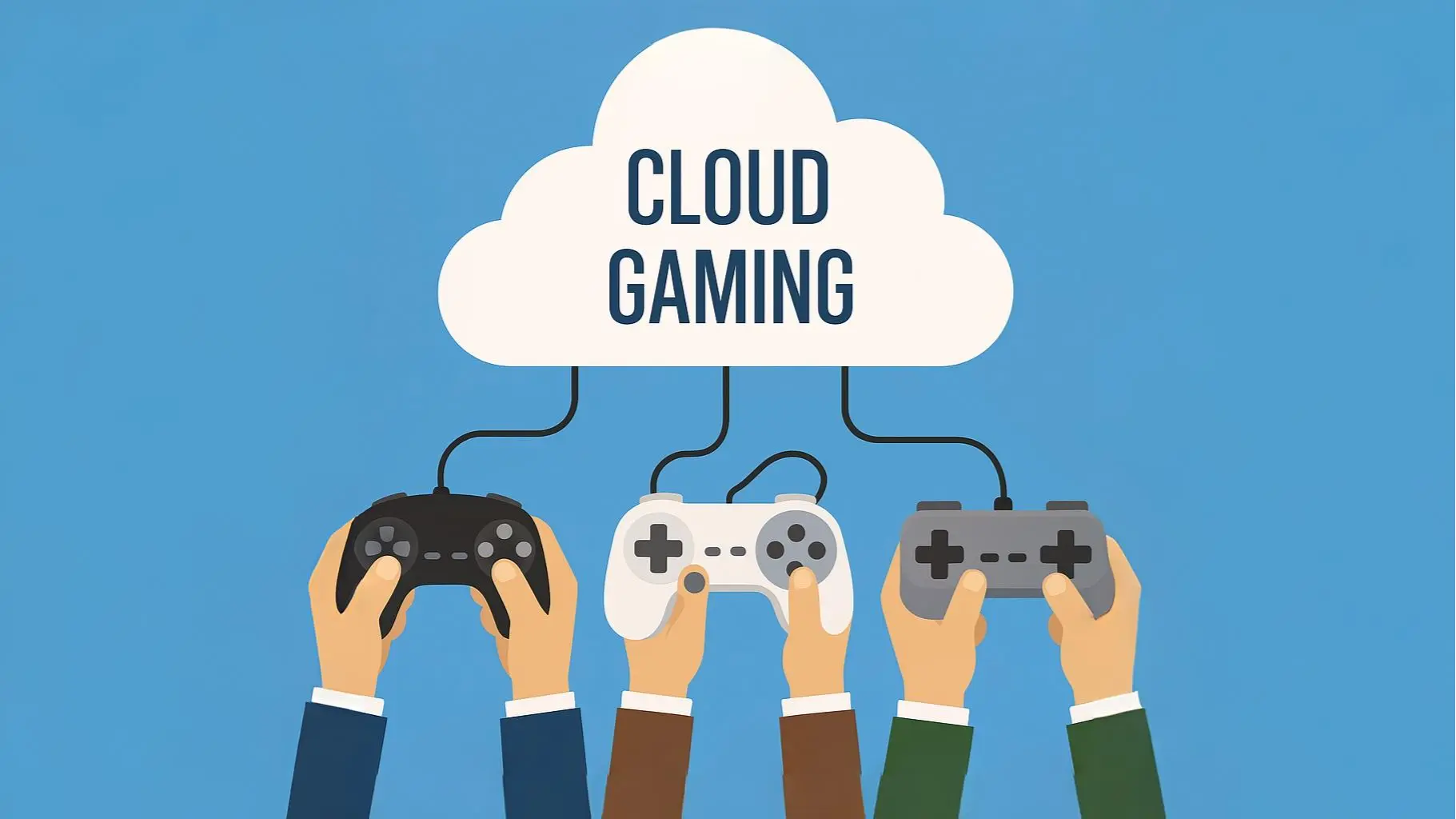 Cloud gaming concept with three controllers linked to a central cloud, suggesting the need for skilled game developers.
