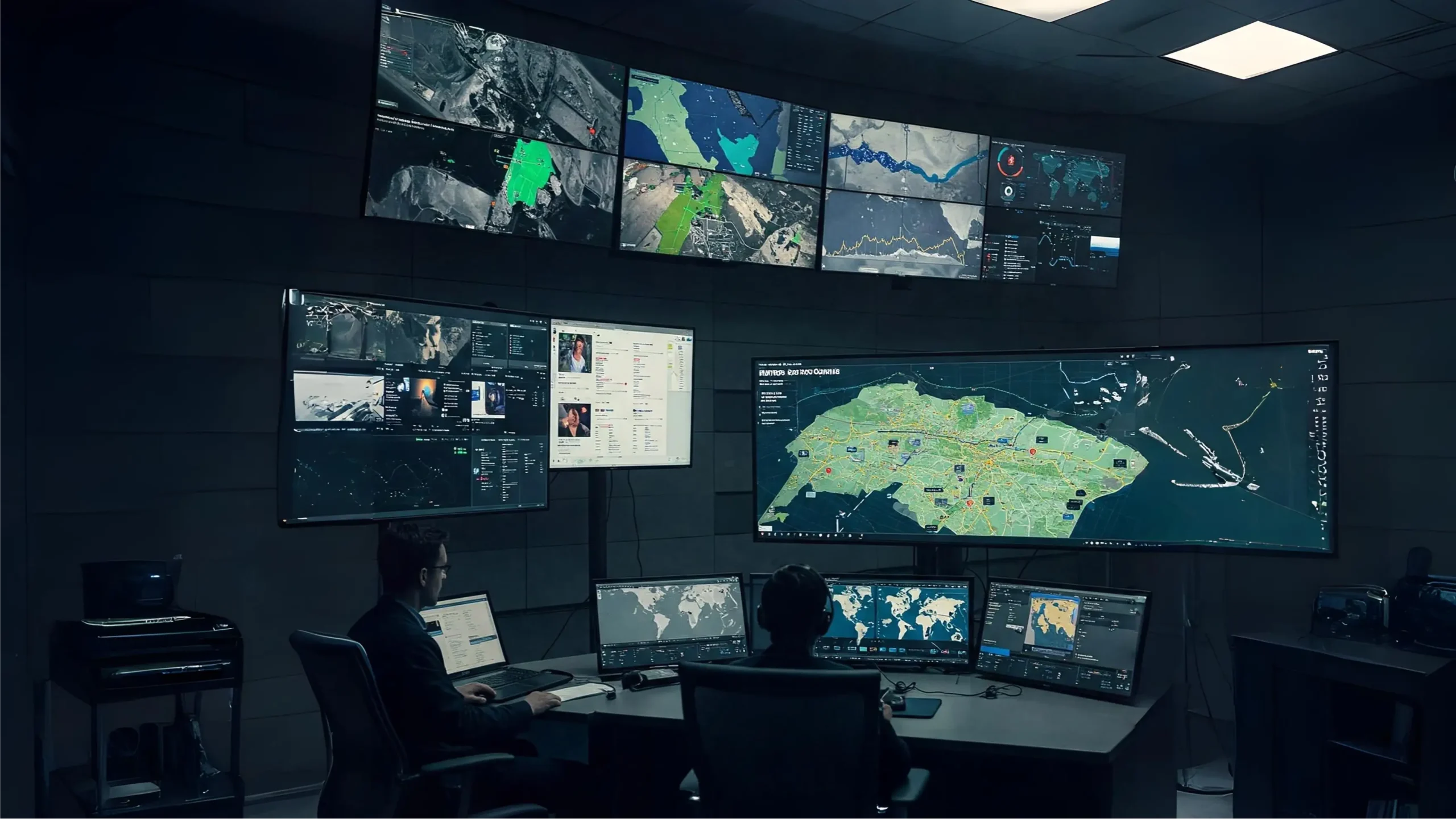 Two analysts monitoring real-time geographic and intelligence data on multiple screens in a disaster management control room