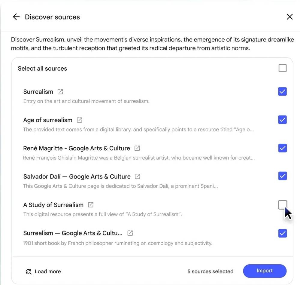 Screenshot of NotebookLM's "Discover sources" interface with several sources related to Surrealism selected.