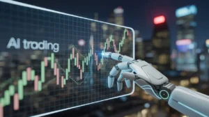 Robot hand analyzing a digital stock market graph showing AI trading data.