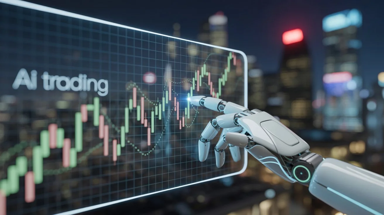 Robot hand analyzing a digital stock market graph showing AI trading data.